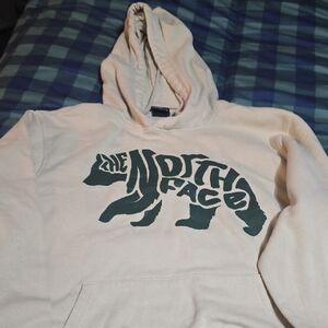 The North Face Men's Cream Hoodie with Green Logo